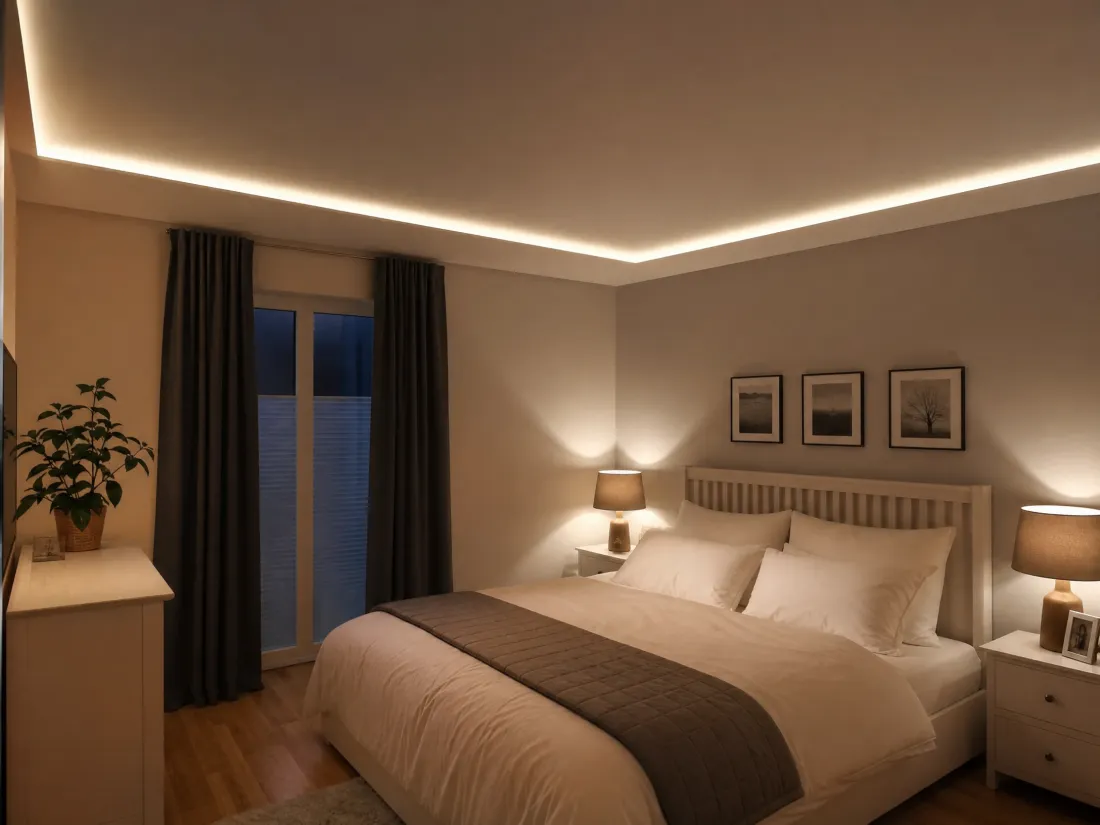 Schlafzimmer mit indirektem LED-Licht in der Decke